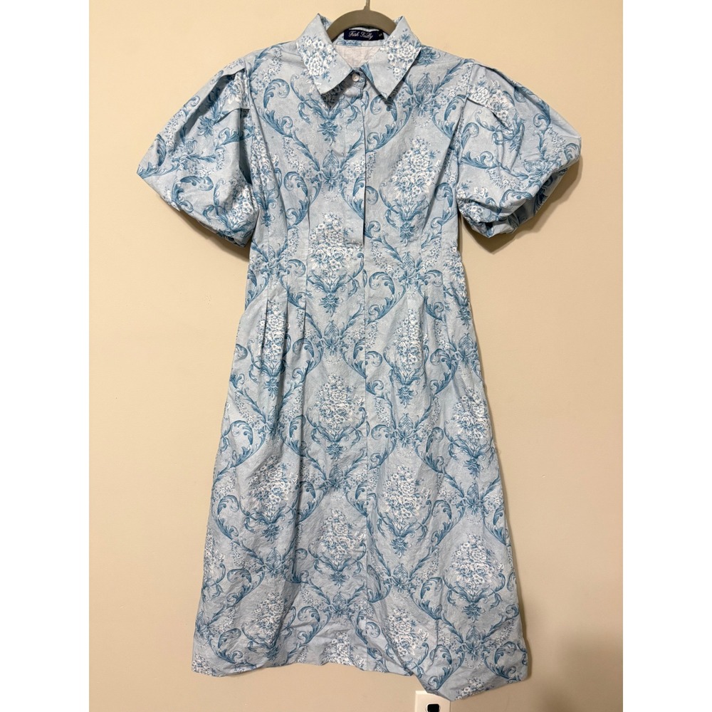 Trish Scully Lauretta Midi Dress Blue White Damask Toile Cotton Puff Sleeve S - Picture 2 of 6